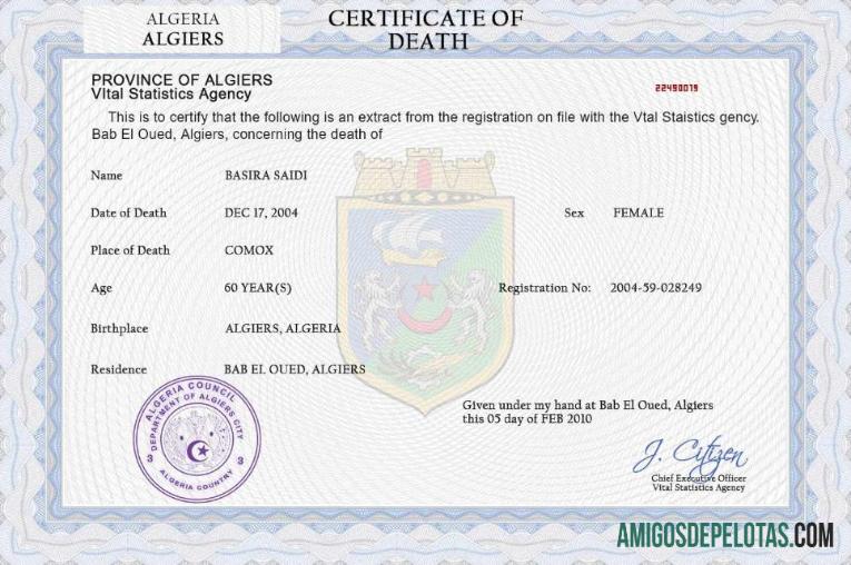 Imprimível modelo PSD de certidão de óbito de registro vital da Argélia